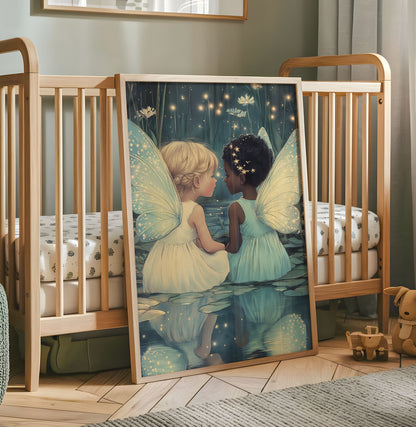 Two fairy children nursery wall art sitting together by a glowing pond with luminous wings