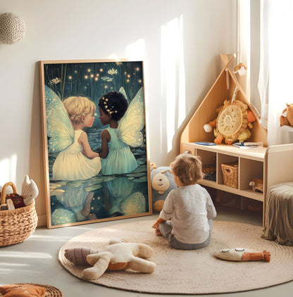Two fairy children nursery print displayed in a bright child's room