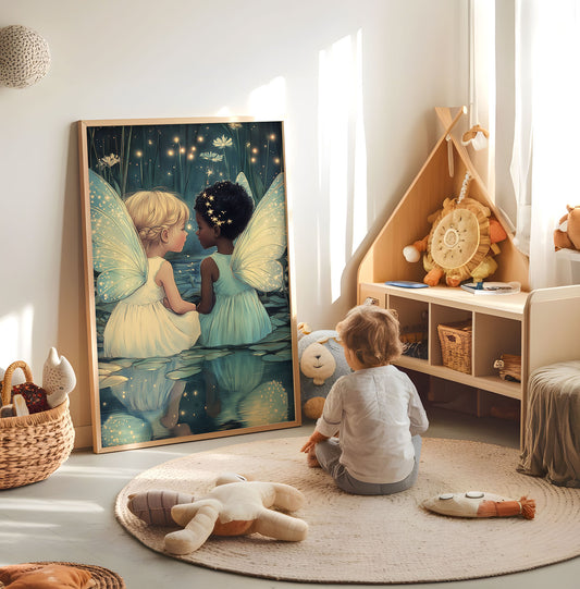 Two fairy children nursery print displayed in a bright child's room