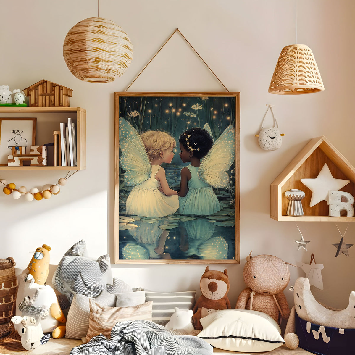 Magical fairy friends wall art displayed in a warm kids bedroom