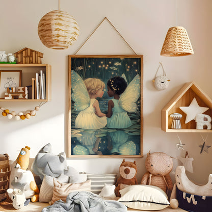Magical fairy friends wall art displayed in a warm kids bedroom