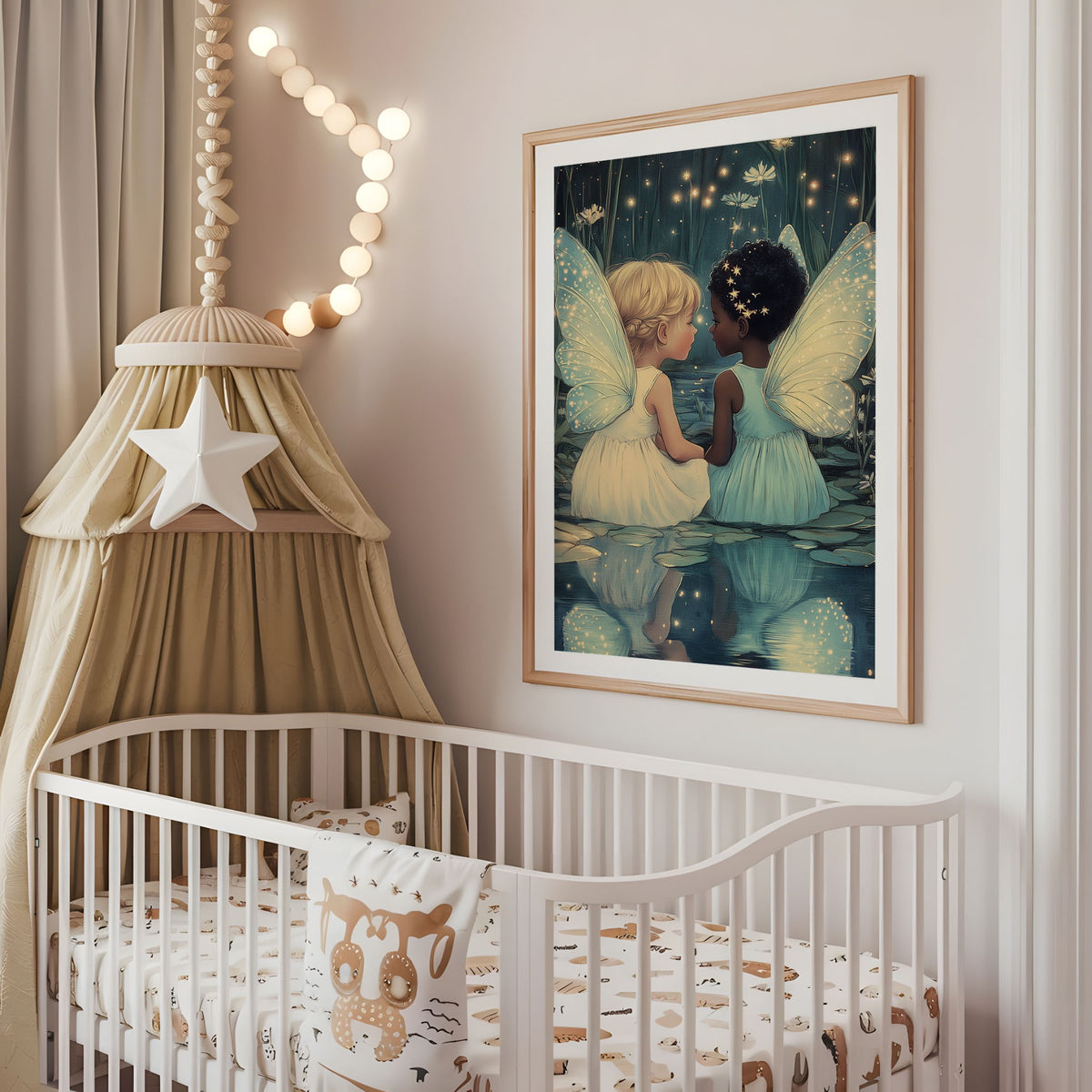 Fairy friends nursery wall art displayed above a cot