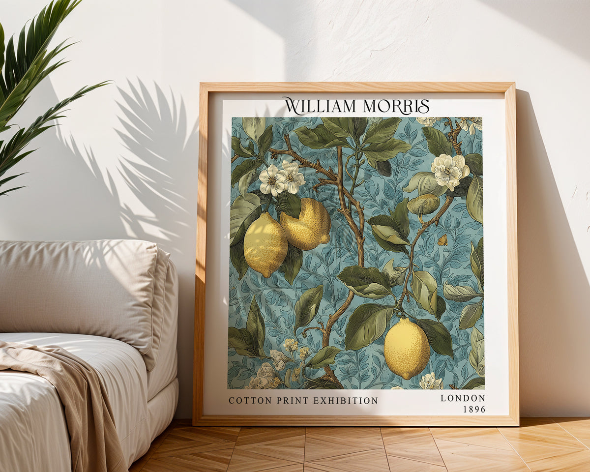 William Morris Style Lemon Tree Print – Blue Botanical Square Wall Art