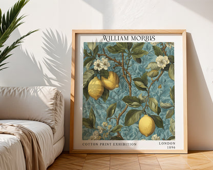 William Morris Style Lemon Tree Print – Blue Botanical Square Wall Art