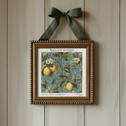 William Morris Style Lemon Tree Print – Blue Botanical Square Wall Art
