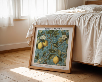William Morris Style Lemon Tree Print – Blue Botanical Square Wall Art