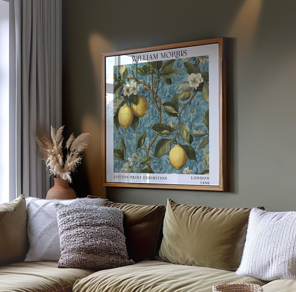 William Morris Style Lemon Tree Print – Blue Botanical Square Wall Art