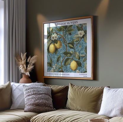 William Morris Style Lemon Tree Print – Blue Botanical Square Wall Art