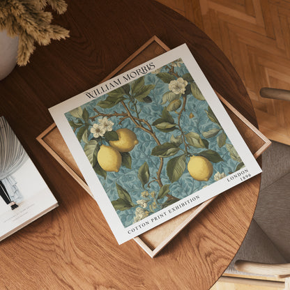 William Morris Style Lemon Tree Print – Blue Botanical Square Wall Art