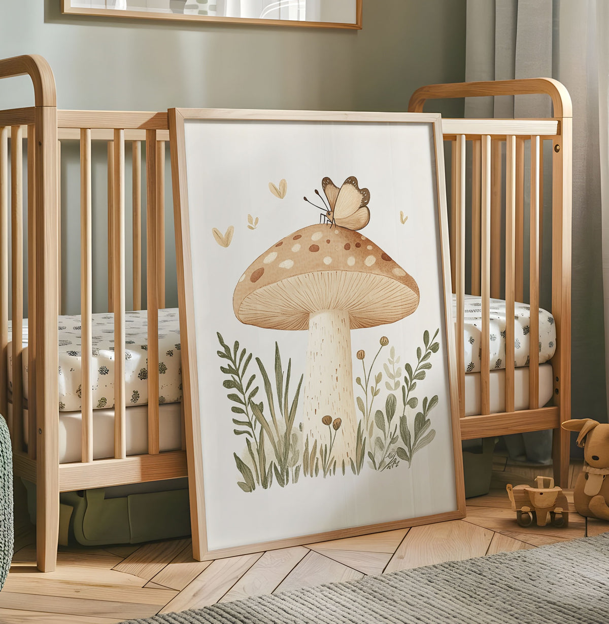 Neutral mushroom nursery wall art with butterfly and woodland leaves on a white background
