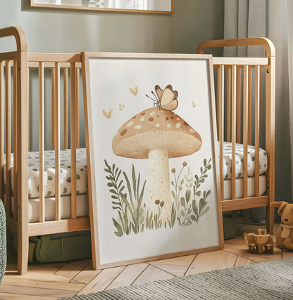 Neutral mushroom nursery wall art with butterfly and woodland leaves on a white background