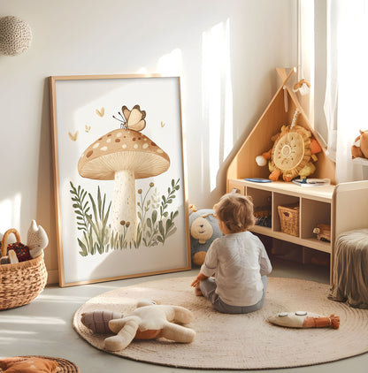 Mushroom and butterfly nursery print displayed in a bright child's room