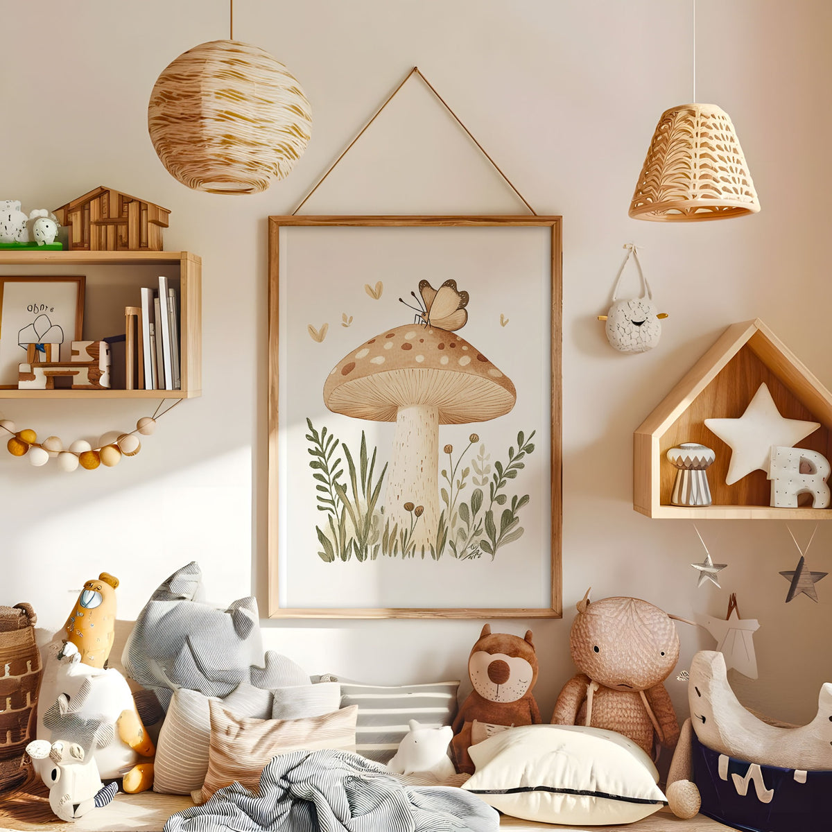 Neutral woodland mushroom wall art displayed in a warm kids bedroom