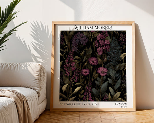 William Morris Style Purple Wildflower Print – Dark Botanical Square Wall Art