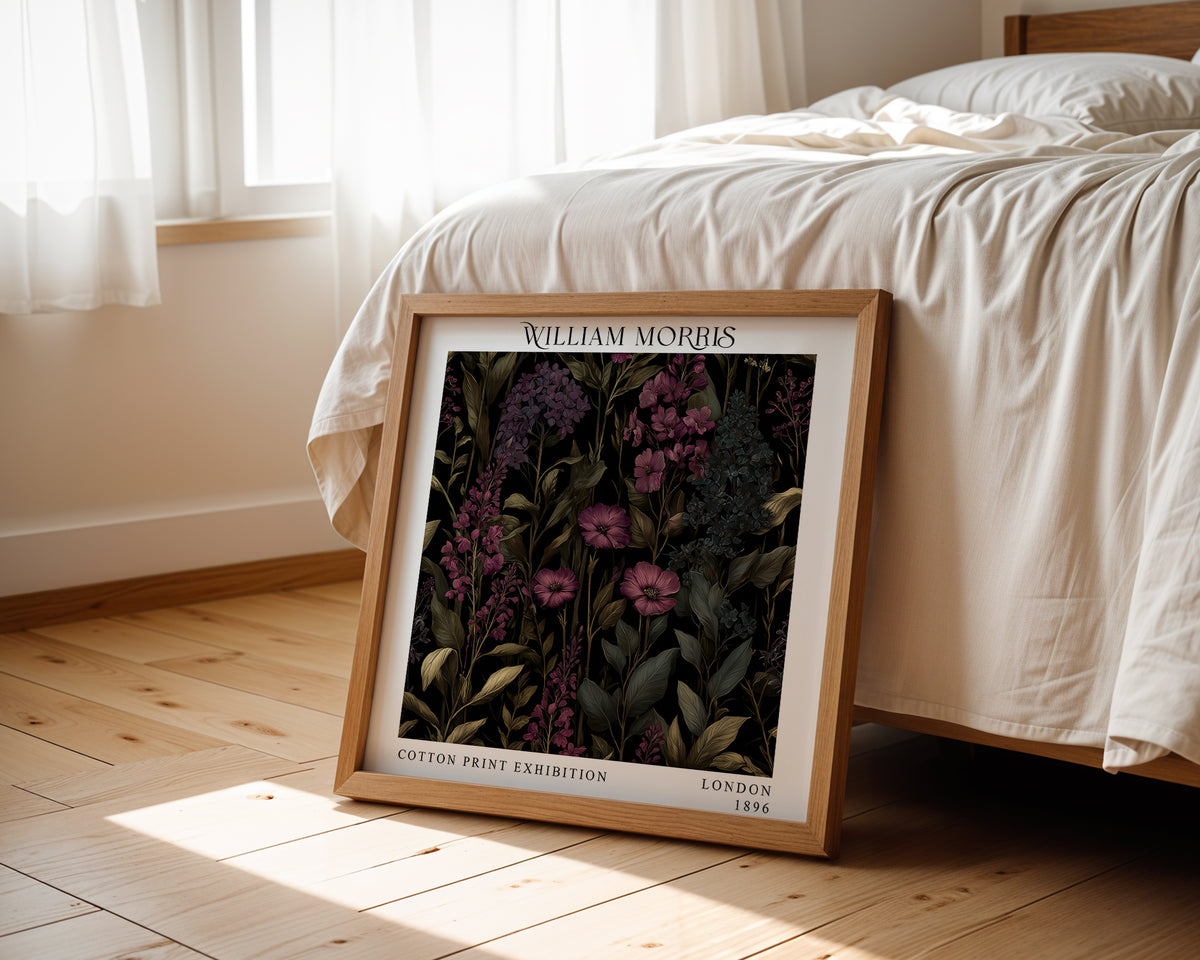 William Morris Style Purple Wildflower Print – Dark Botanical Square Wall Art