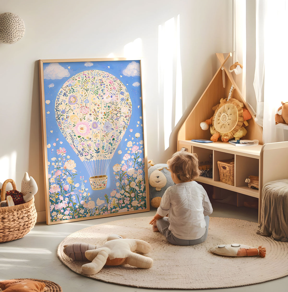Floral hot air balloon nursery print displayed in a bright child's room