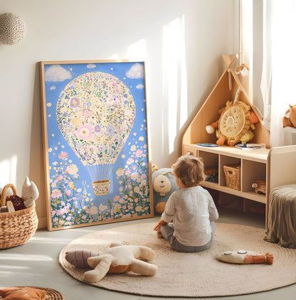 Floral hot air balloon nursery print displayed in a bright child's room