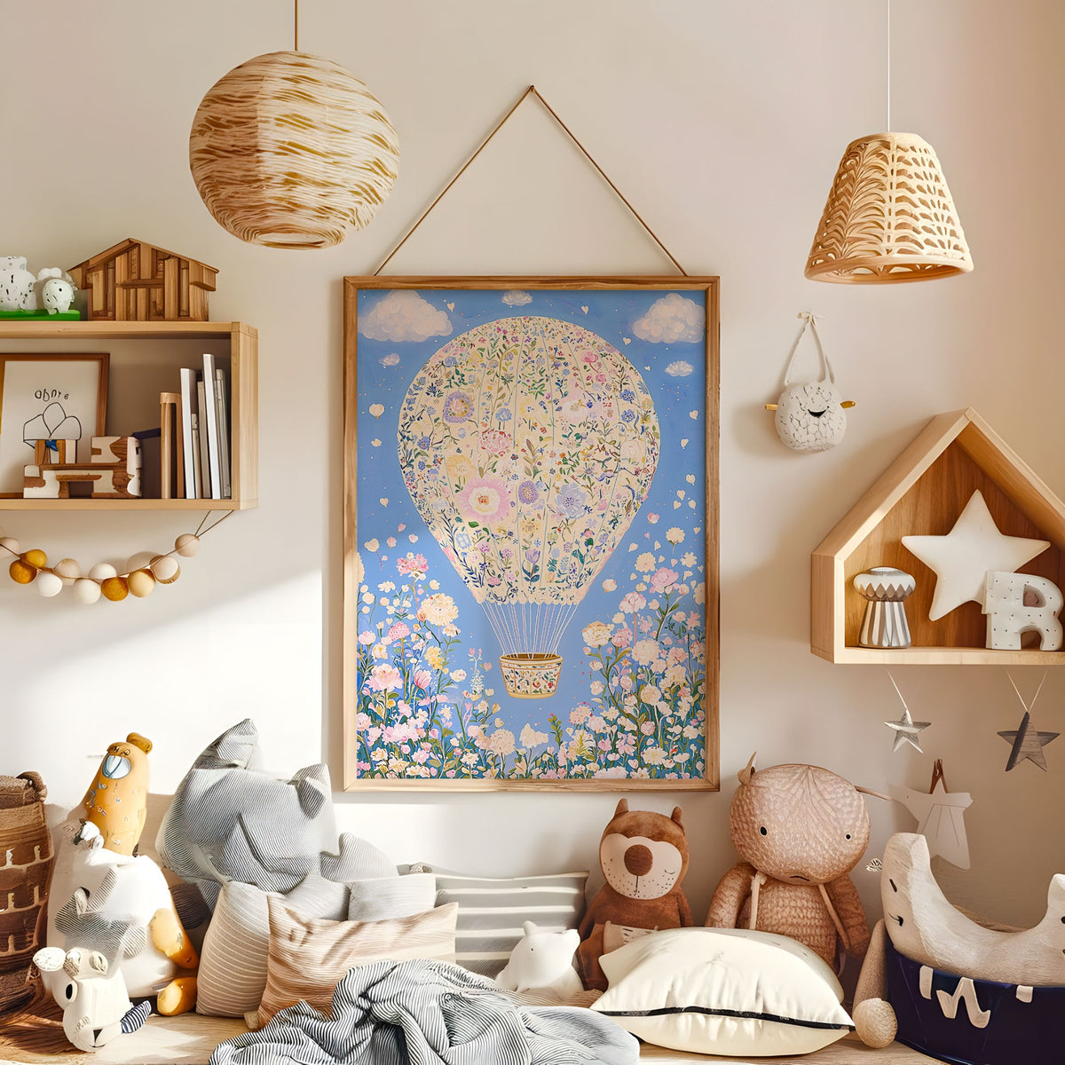 Pastel floral hot air balloon wall art displayed in a warm kids bedroom