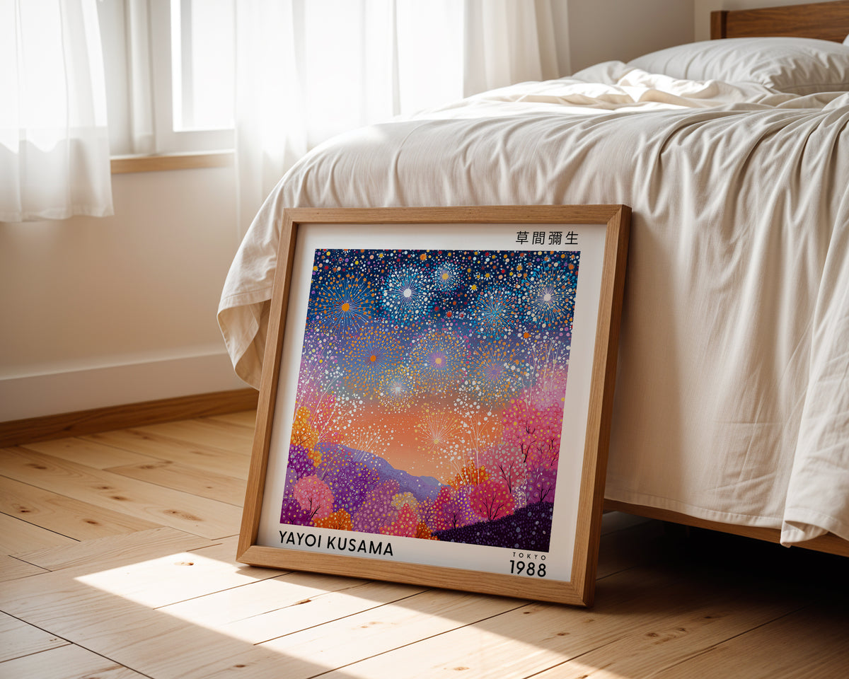 Yayoi Kusama Inspired Fireworks Landscape Print | Colourful Japanese Wall Art