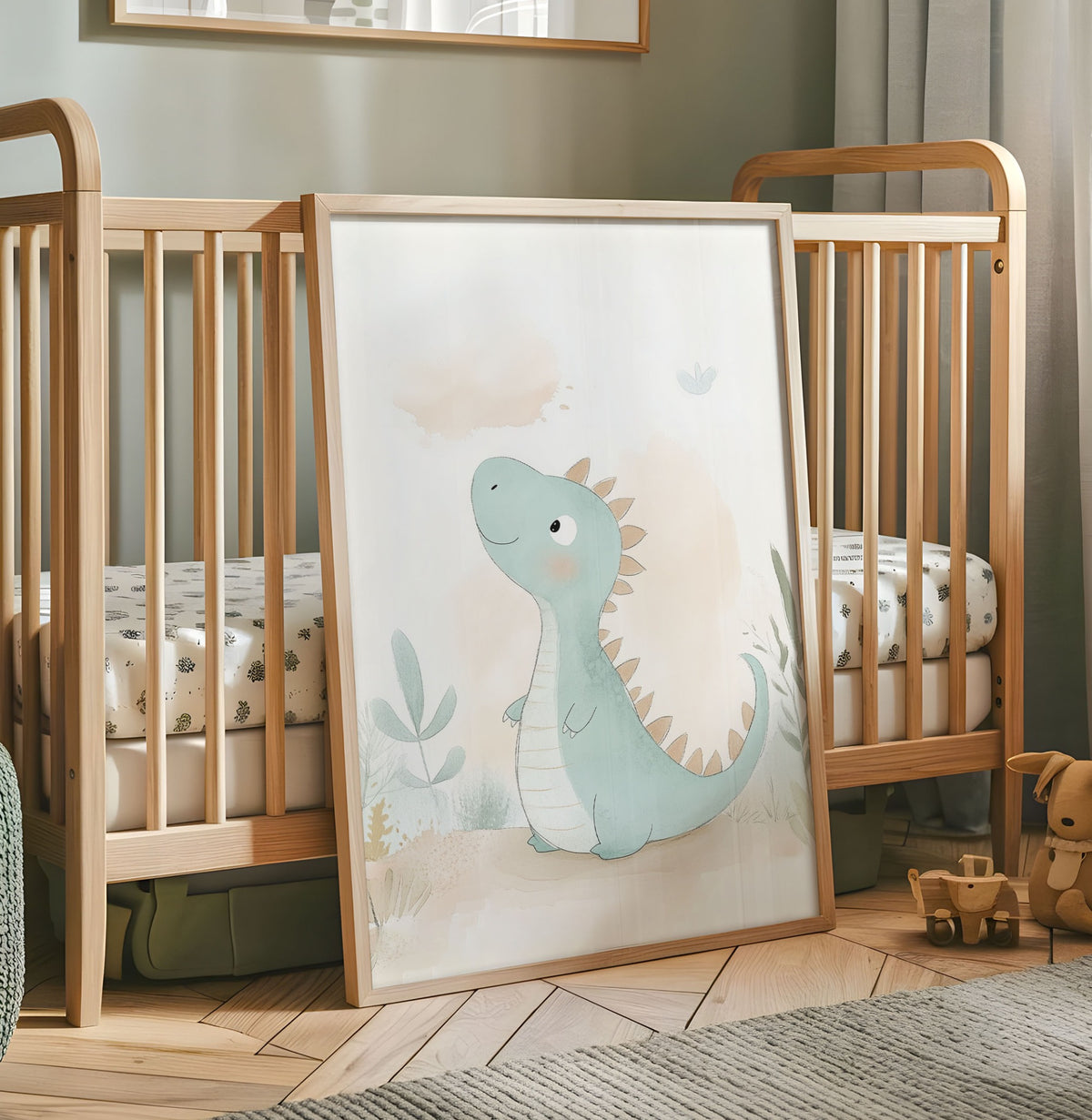 Mint green dinosaur nursery wall art with soft neutral plants and a gentle watercolour style