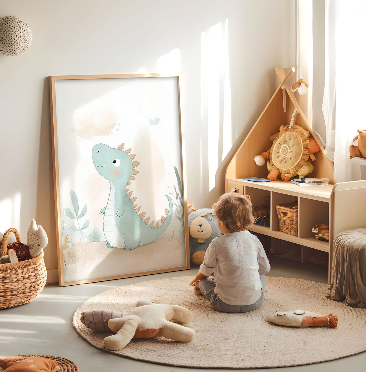 Mint green dinosaur nursery print displayed in a bright child's room