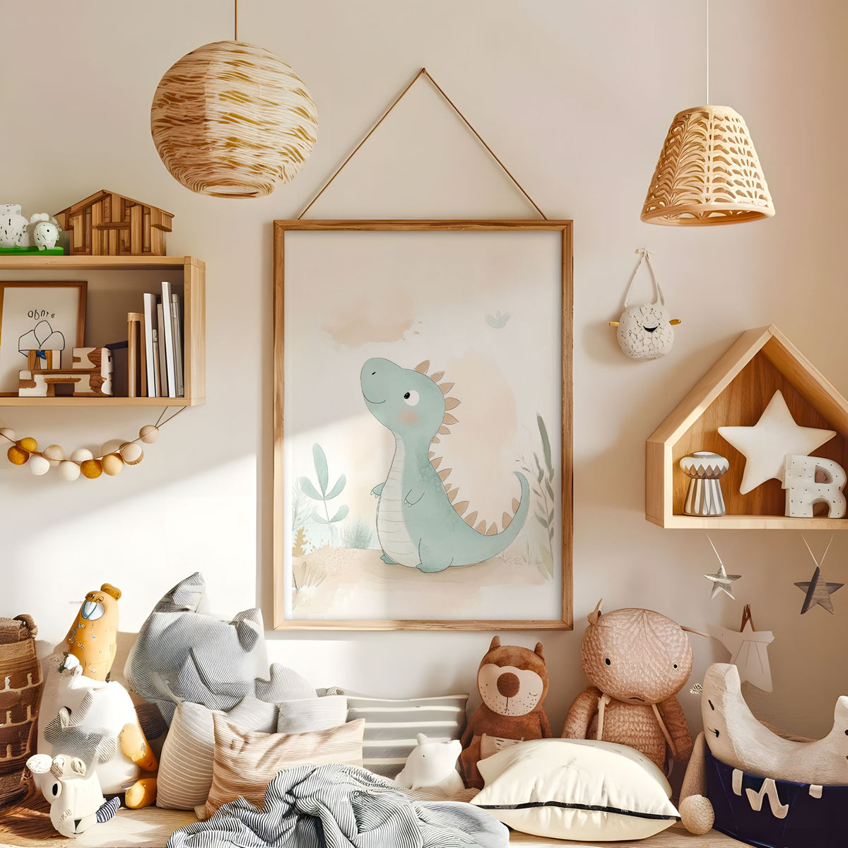 Cute mint dinosaur wall art displayed in a warm kids bedroom