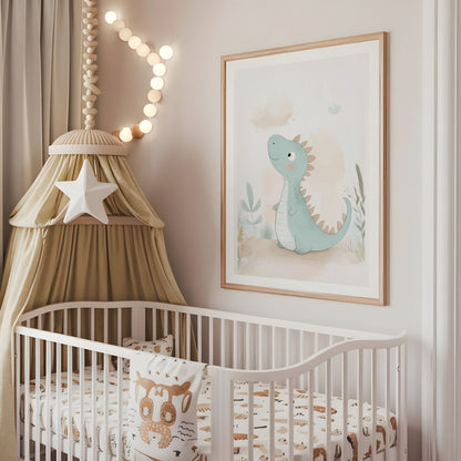 Mint dinosaur nursery wall art displayed above a cot