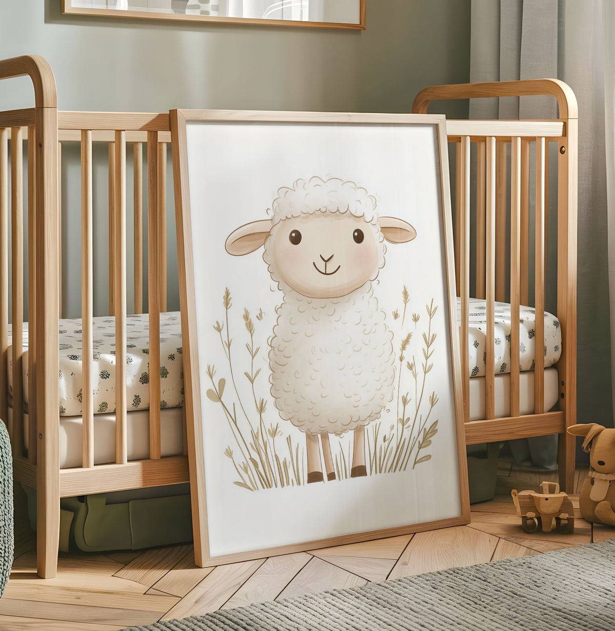 Cute white sheep nursery wall art with neutral meadow grasses on a soft cream background