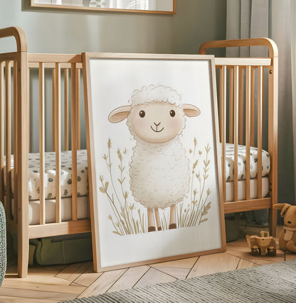 Cute white sheep nursery wall art with neutral meadow grasses on a soft cream background