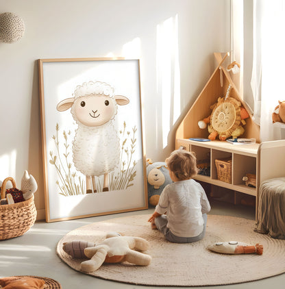 Cute sheep nursery print displayed in a bright child's room