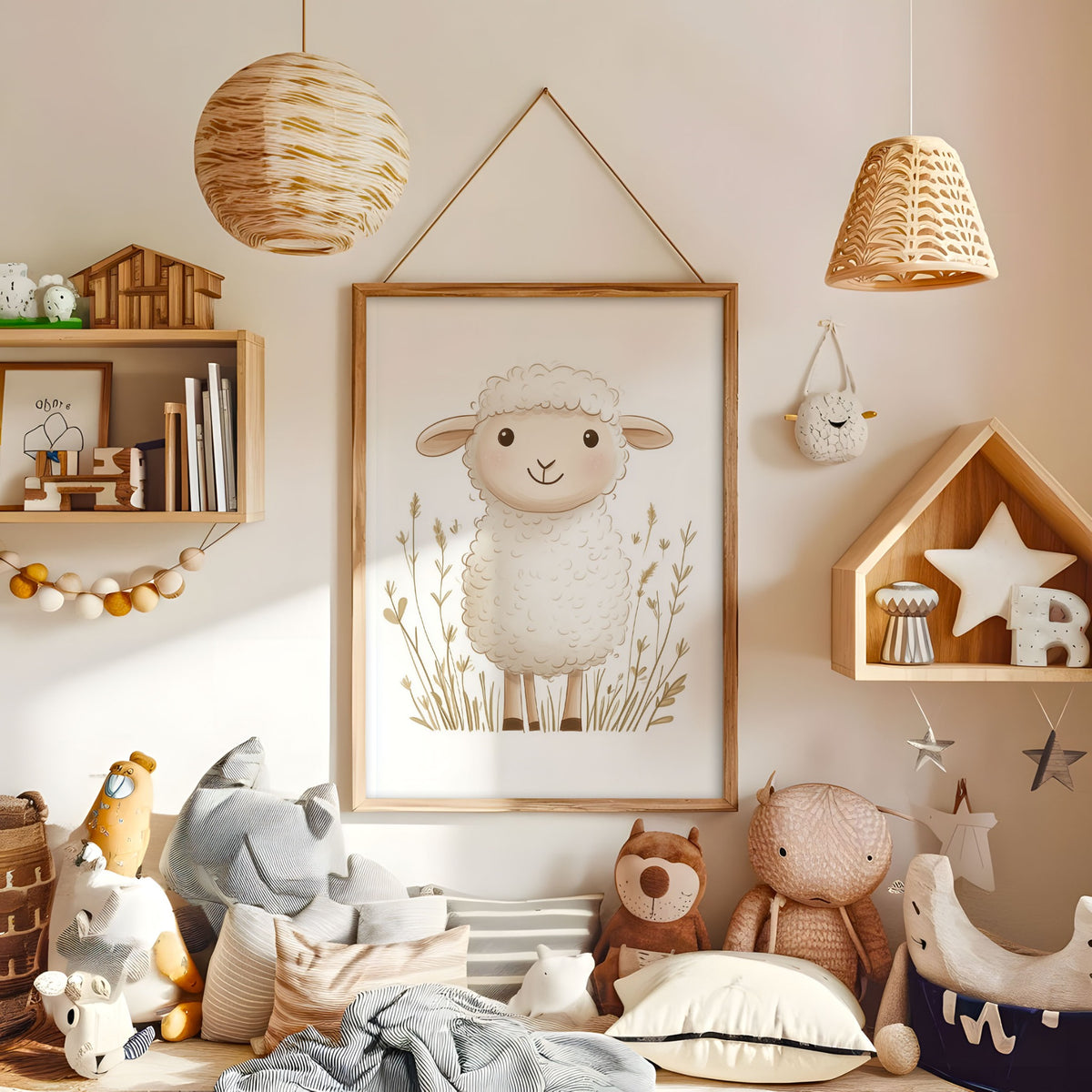 Neutral lamb wall art displayed in a warm kids bedroom