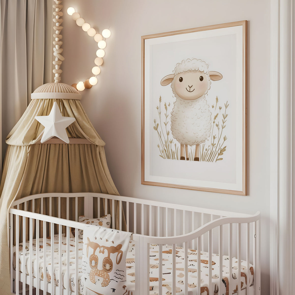 Cute sheep nursery wall art displayed above a cot