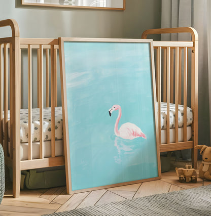 Minimal pink flamingo nursery wall art on a turquoise blue water background