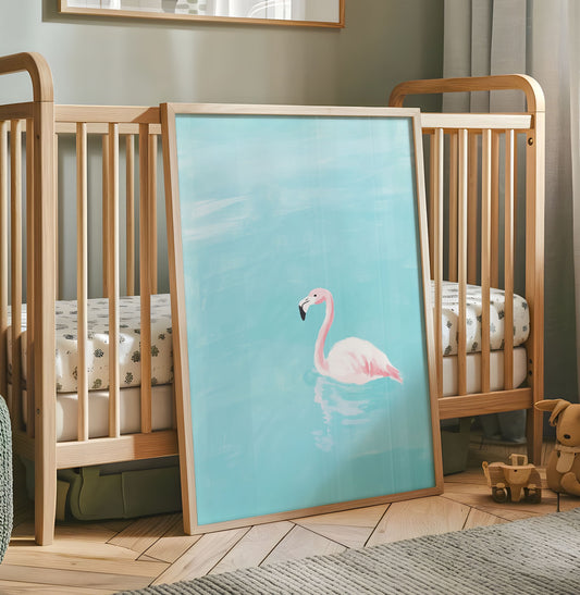 Minimal pink flamingo nursery wall art on a turquoise blue water background