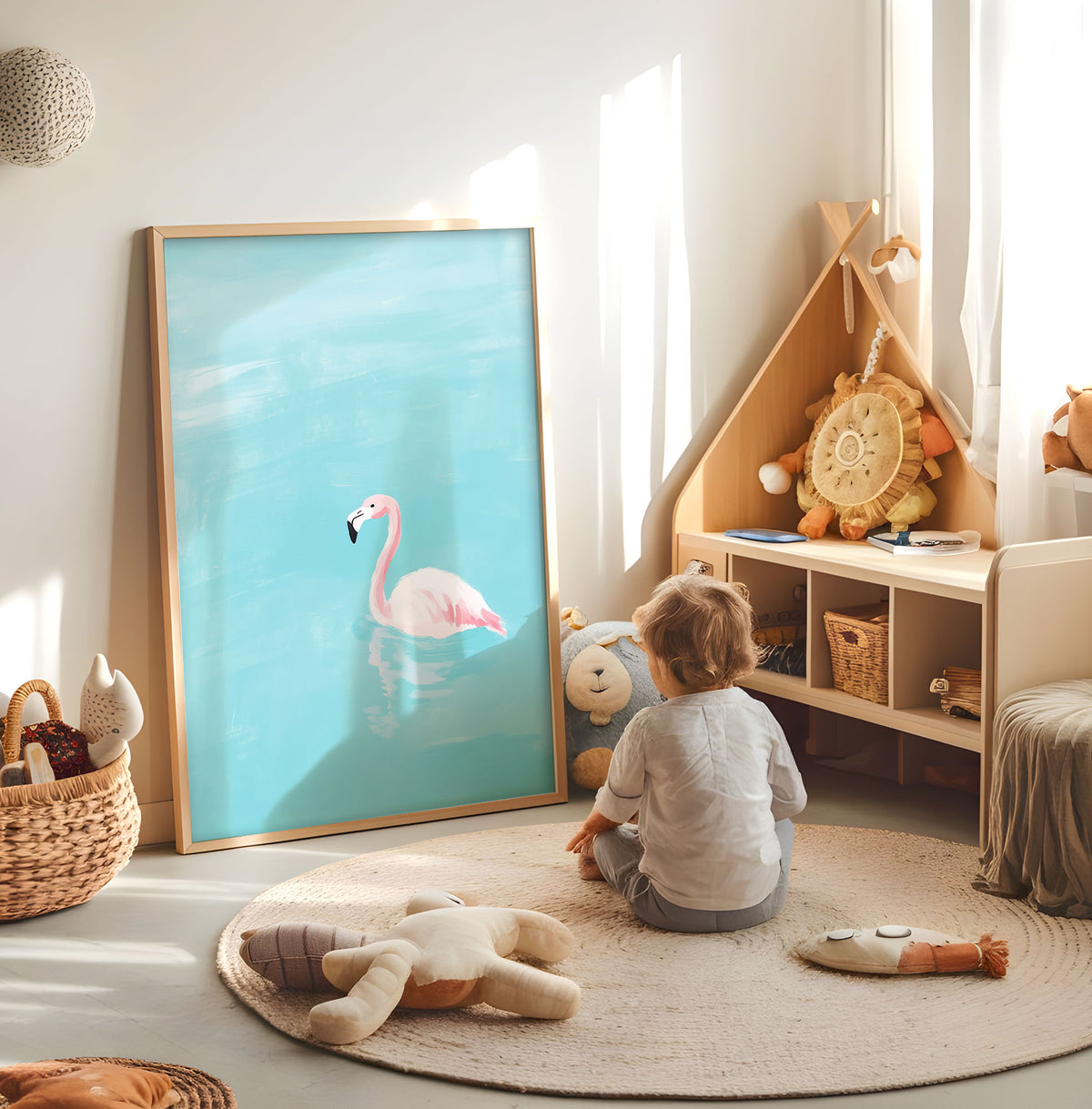 Pink flamingo nursery print displayed in a bright child's room