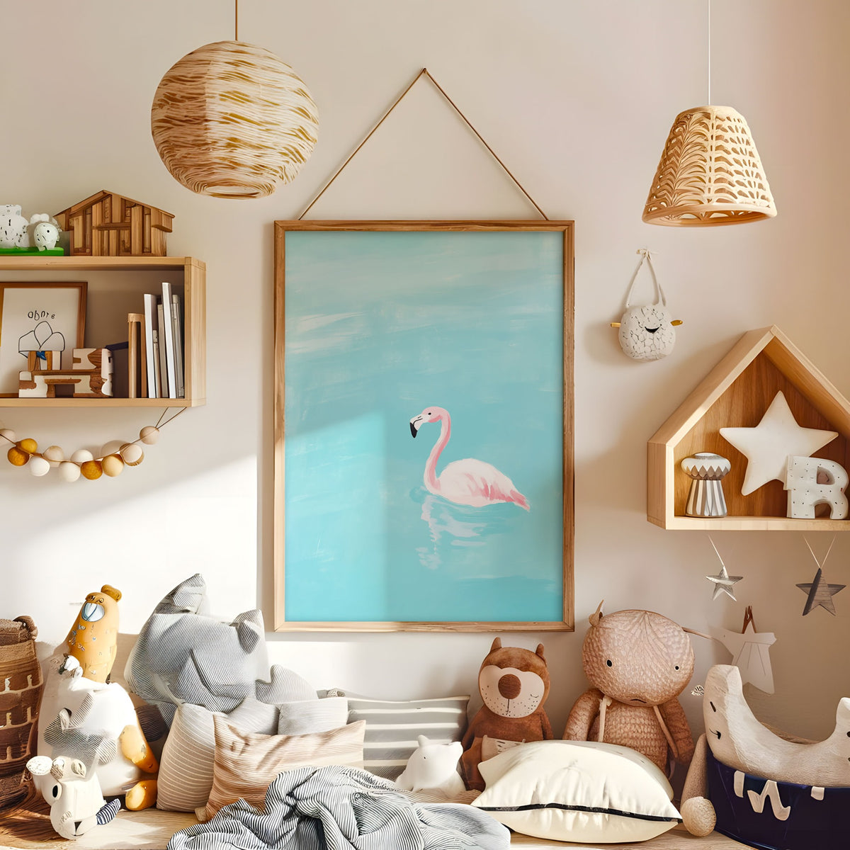 Turquoise flamingo wall art displayed in a warm kids bedroom