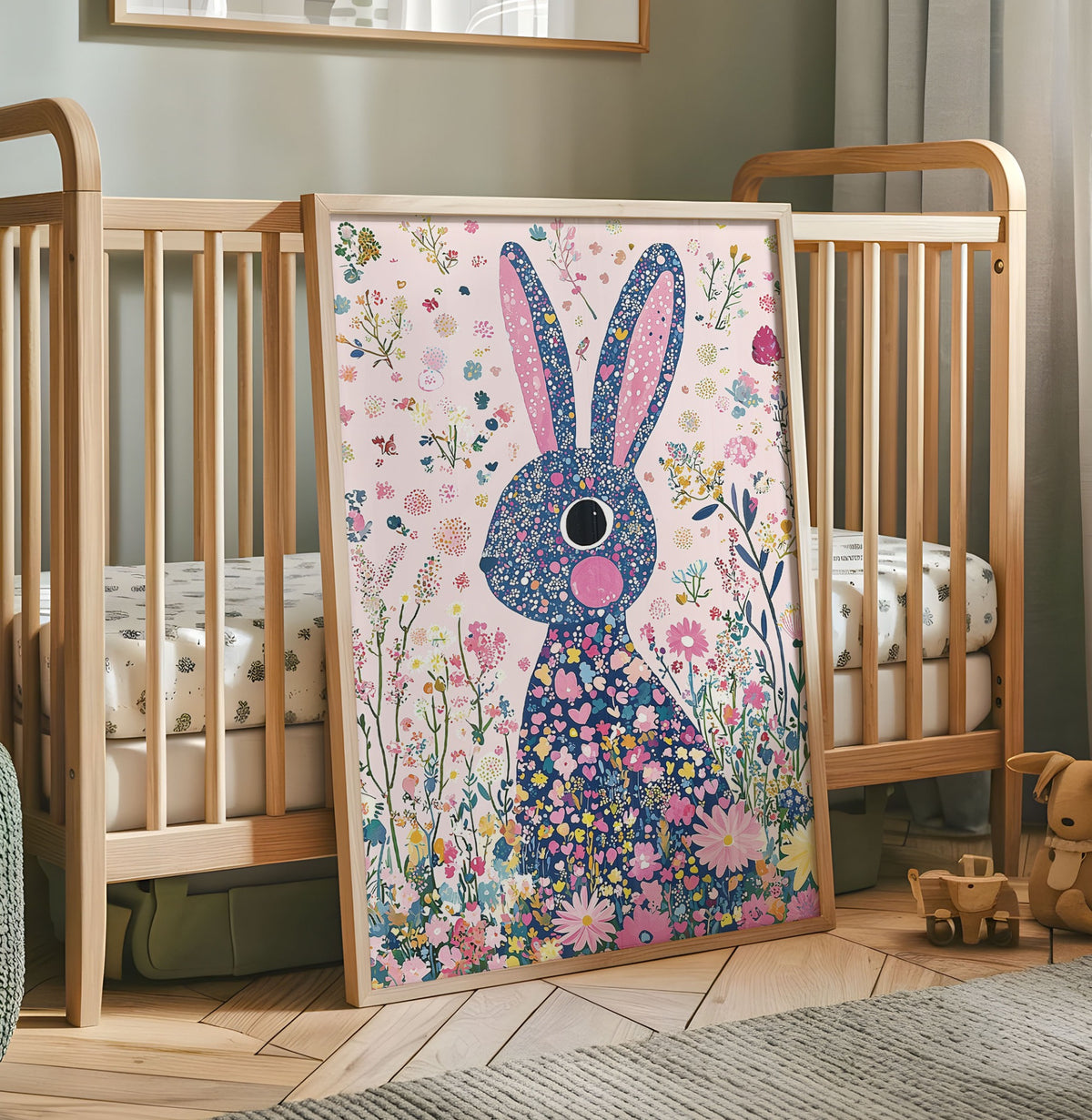 Colourful floral bunny nursery wall art with a navy rabbit covered in pink and pastel flowers