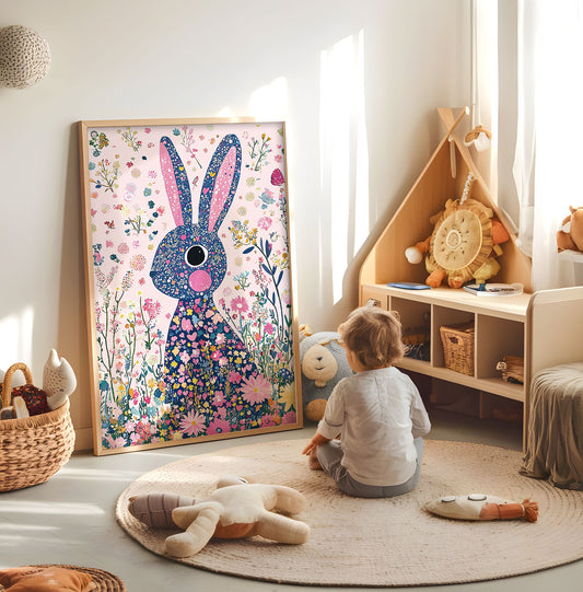 Colourful floral bunny nursery print displayed in a bright child's room