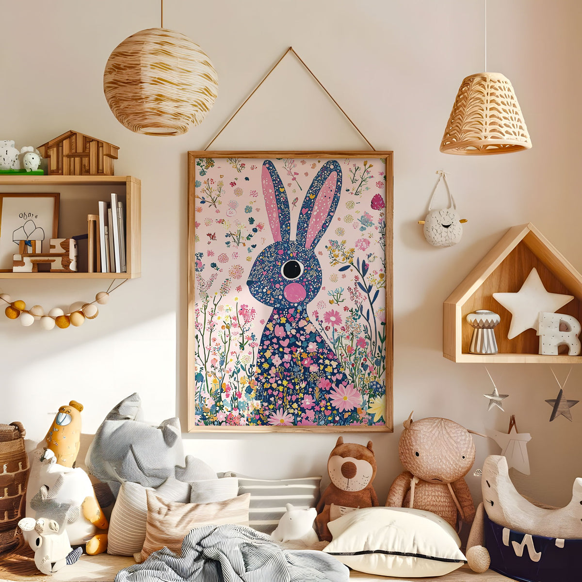 Floral rabbit wall art displayed in a warm kids bedroom