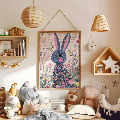 Floral rabbit wall art displayed in a warm kids bedroom