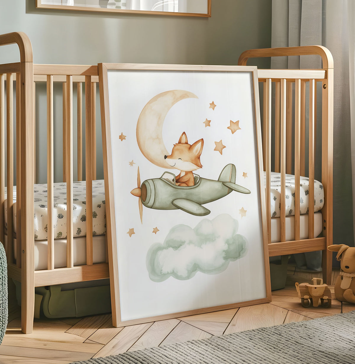 Cute fox flying a green aeroplane beneath a crescent moon and stars nursery wall art