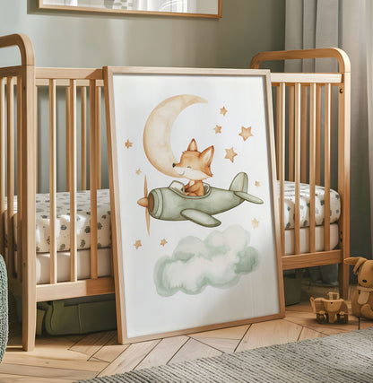 Cute fox flying a green aeroplane beneath a crescent moon and stars nursery wall art