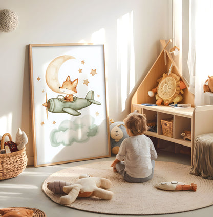 Fox aeroplane nursery print displayed in a bright child's room
