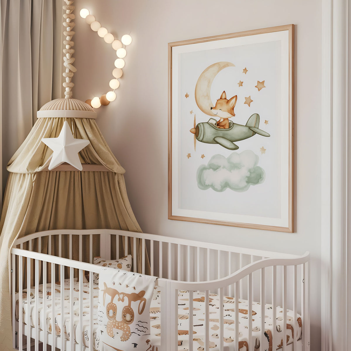 Fox aeroplane moon and stars nursery wall art displayed above a cot