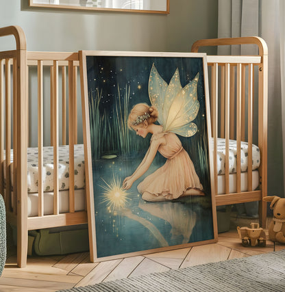 Magical fairy nursery wall art with glowing wings beside a moonlit pond