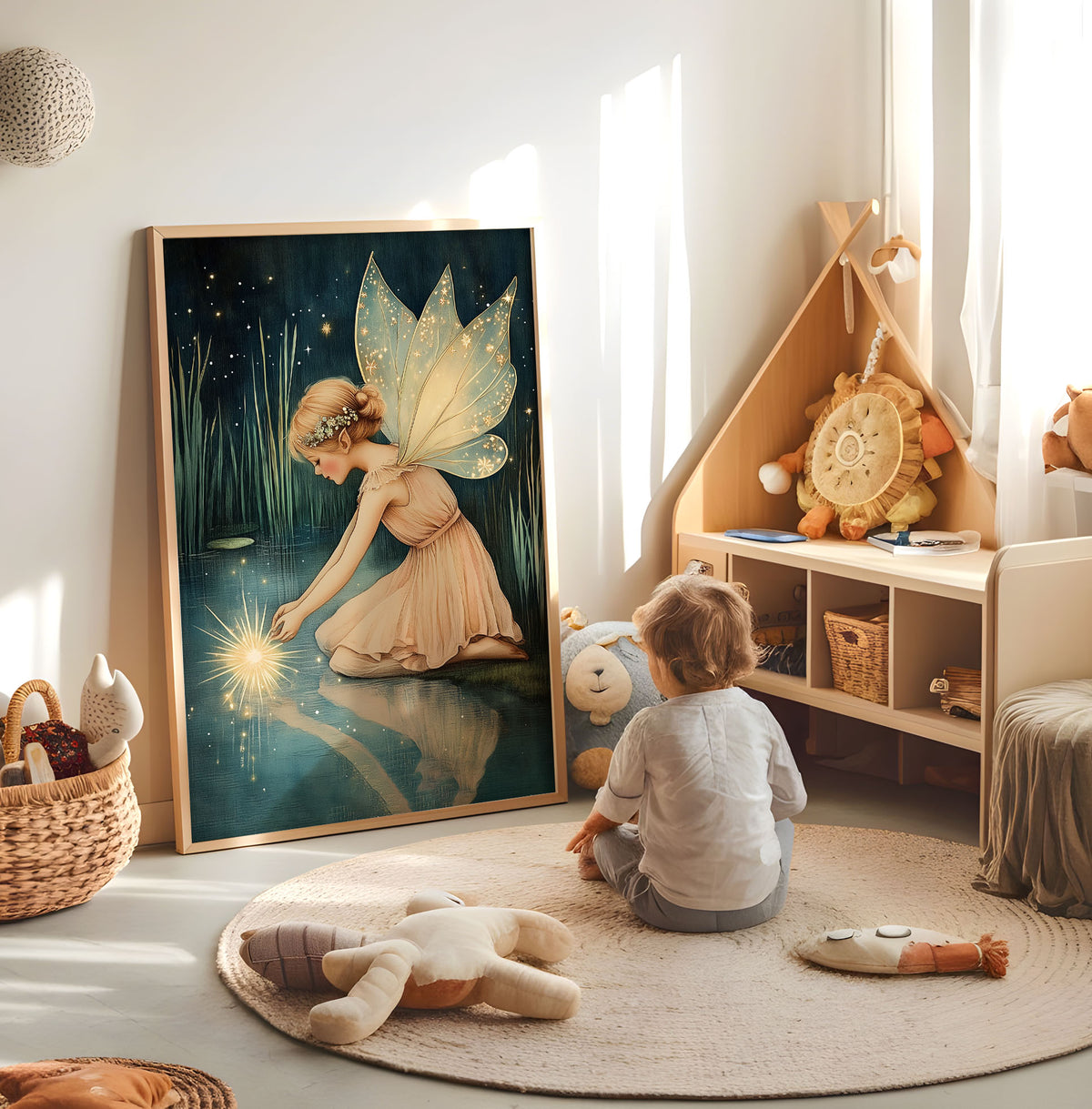 Magical fairy nursery print displayed in a bright child's room