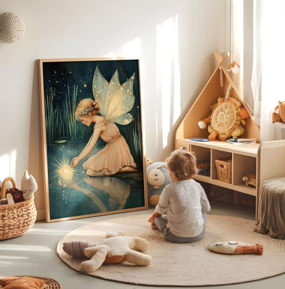 Magical fairy nursery print displayed in a bright child's room