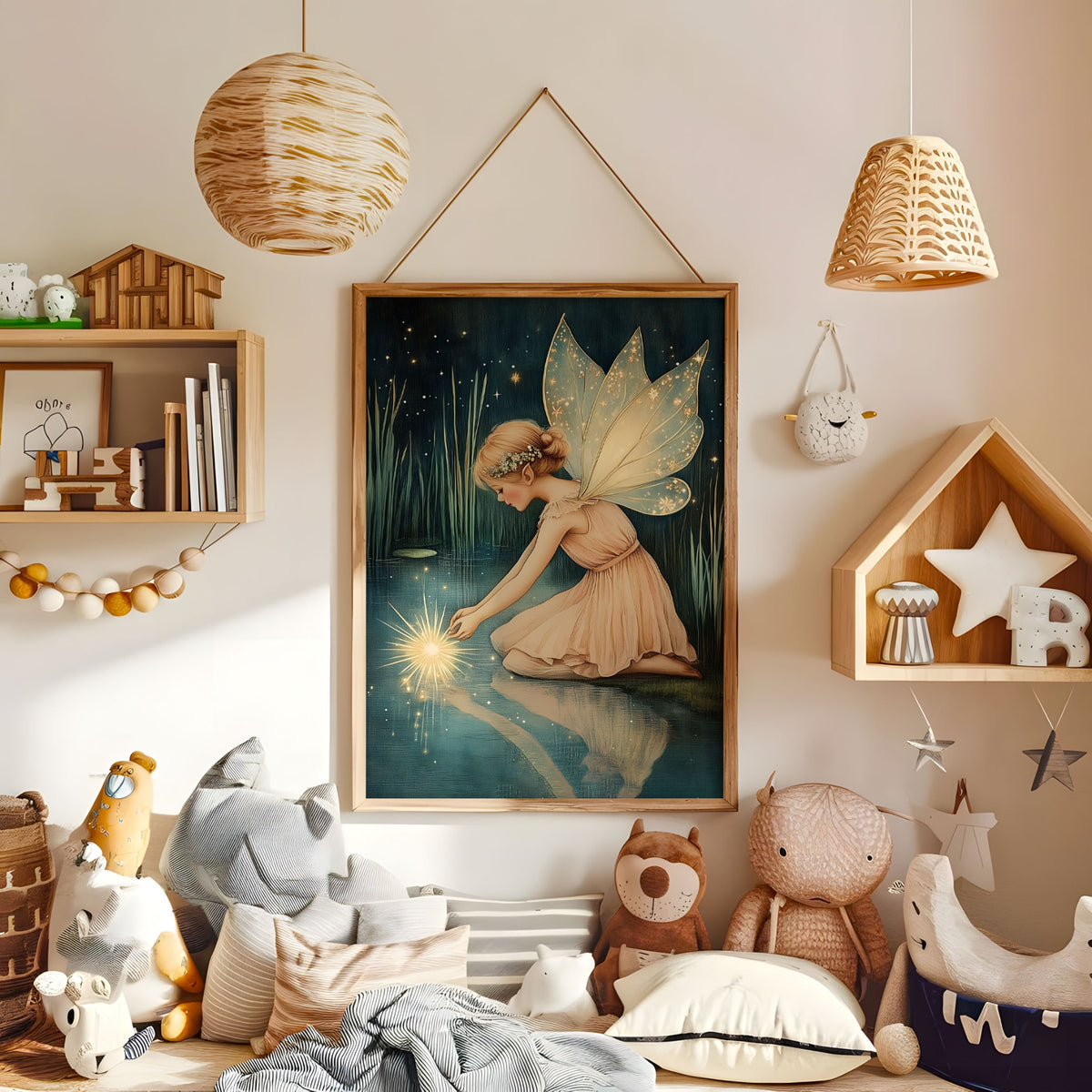 Glowing fairy pond wall art displayed in a warm kids bedroom