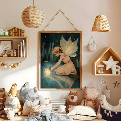 Glowing fairy pond wall art displayed in a warm kids bedroom