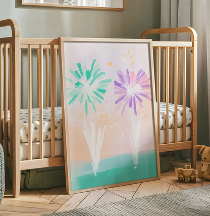 Pastel abstract flower nursery wall art with mint green and purple brushstroke blooms